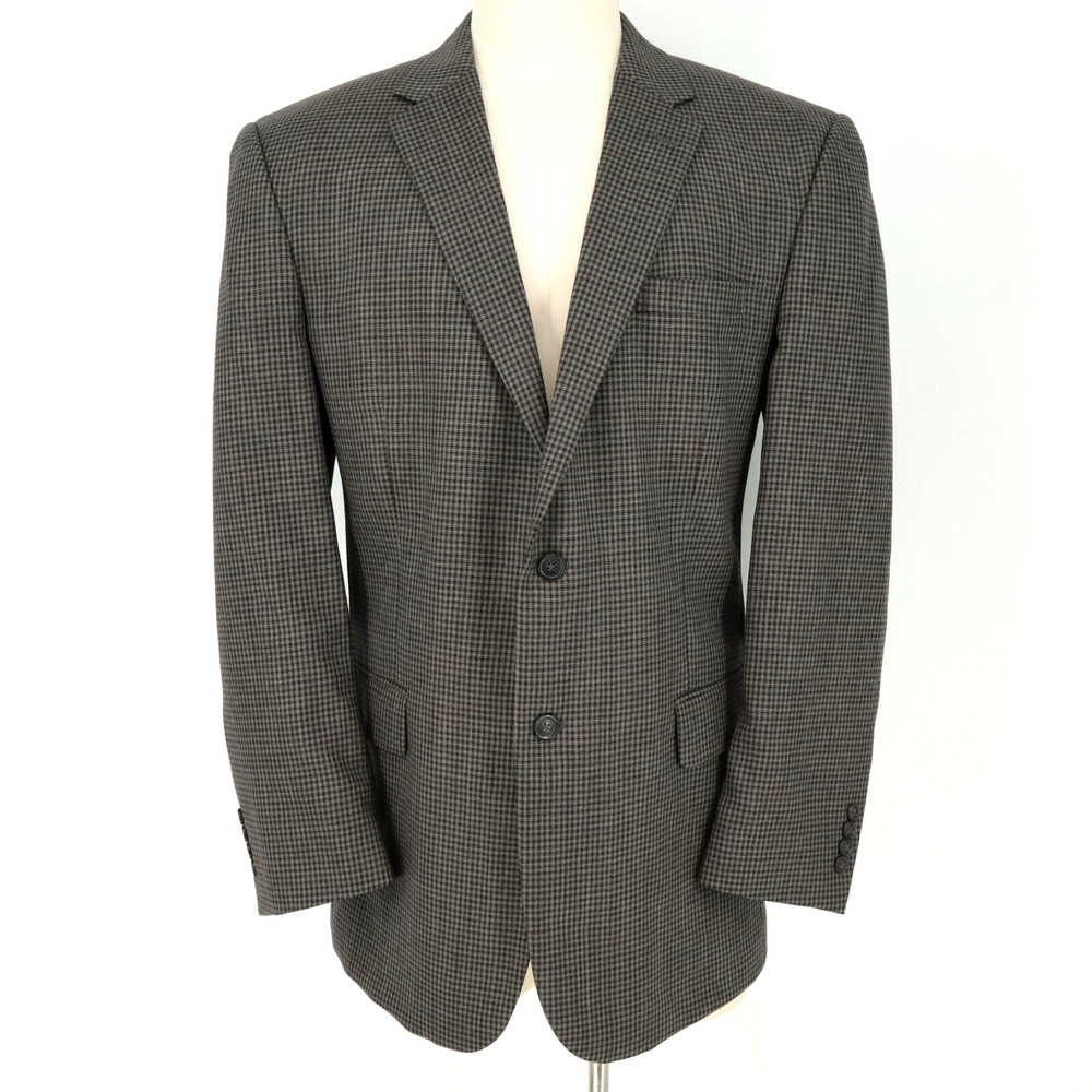 Jos A Bank Sport Coat Mens 46L Beige Blue Plaid Wool Tweed Jacket Lined Blazer